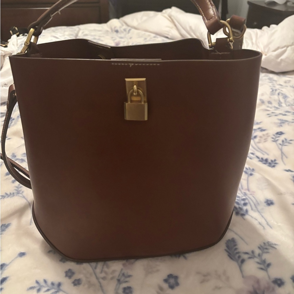 Mango Brown Shoulder Bag with Gold Accents